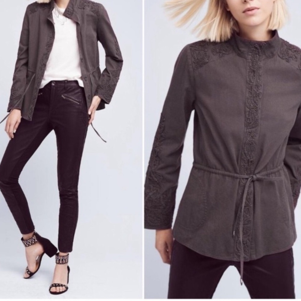 Anthropologie Love Sam Travis Beaded Military Jacket Charcoal Gray